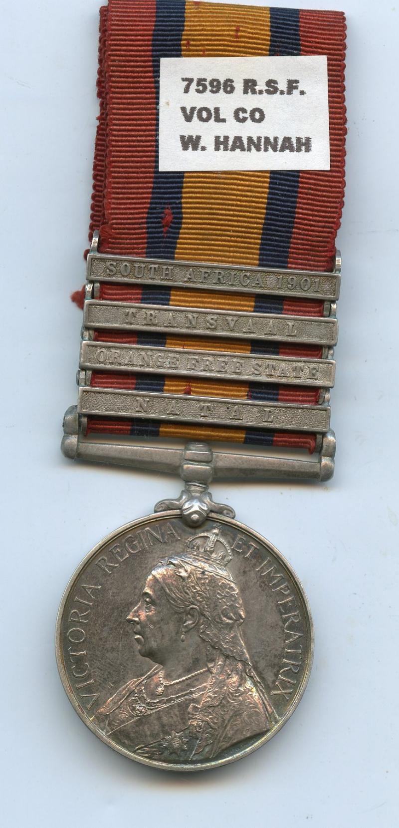 Queens South Africa Medal 1899-1902 4 Clasps To Pte William Hannah, Volunteer Company Royal Scots Fusiliers