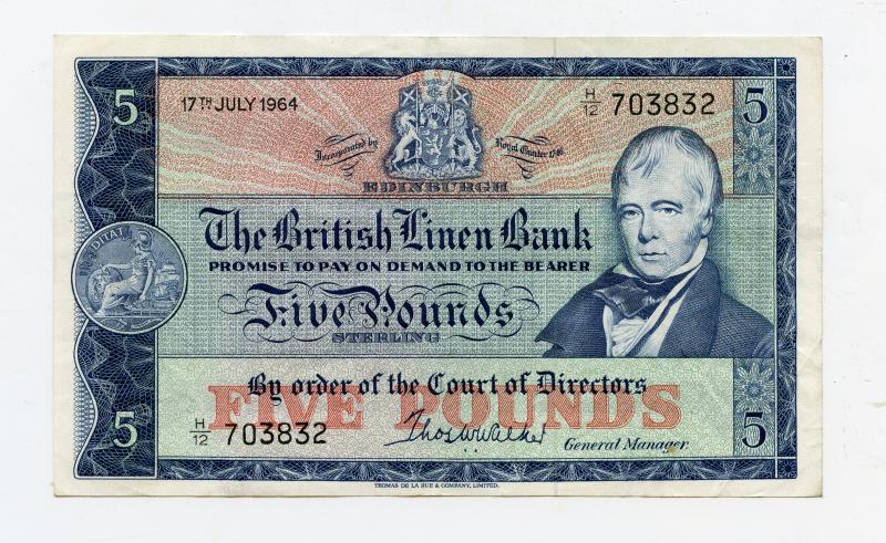 British Linen Bank  Five Pounds Banknote Dated 17th July 1964