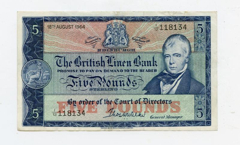 British Linen Bank  Five Pounds Banknote Dated 18th August 1964