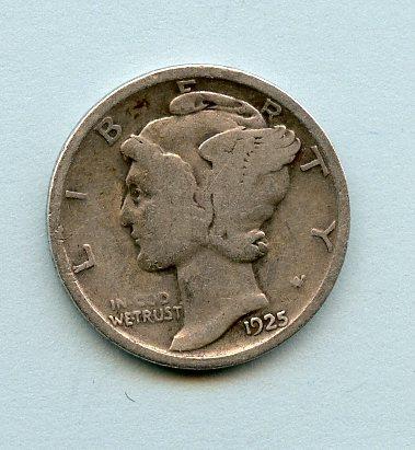 U.S.A. United States of America  Mercury Silver Dime 10 Cents Coin  Dated 1925