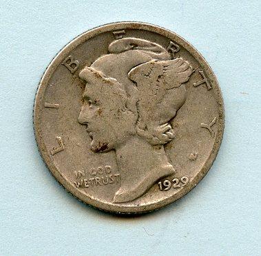 U.S.A. United States of America  Mercury Silver Dime 10 Cents Coin  Dated 1929