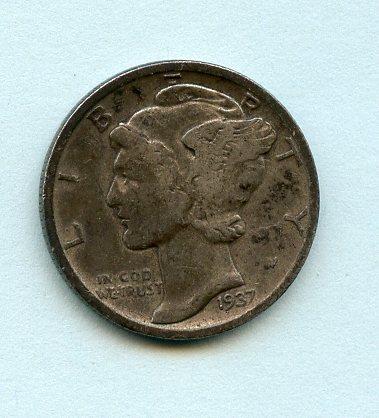 U.S.A. United States of America  Mercury Silver Dime 10 Cents Coin  Dated 1937S