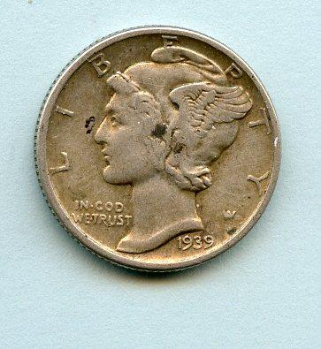 U.S.A. United States of America  Mercury Silver Dime 10 Cents Coin  Dated 1939