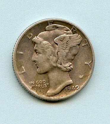 U.S.A. United States of America  Mercury Silver Dime 10 Cents Coin  Dated 1940