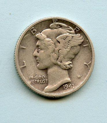U.S.A. United States of America  Mercury Silver Dime 10 Cents Coin  Dated 1941