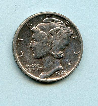 U.S.A. United States of America  Mercury Silver Dime 10 Cents Coin  Dated 1942