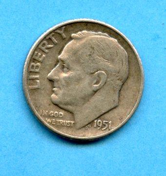 U.S.A. United States of America Silver Dime 10 Cents Coin Dated 1951