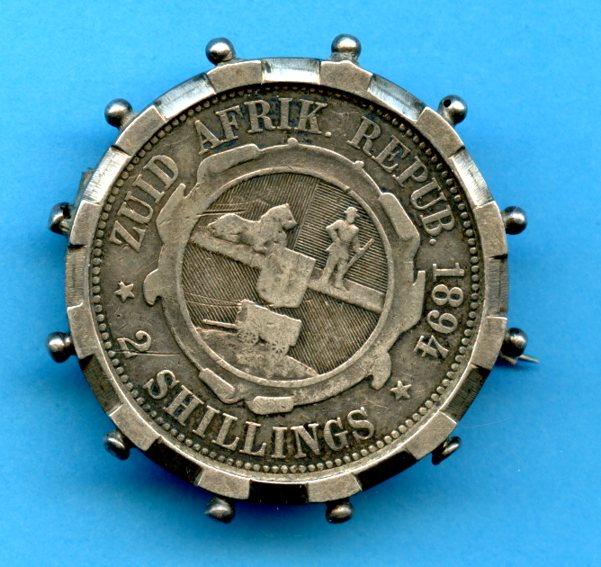 South Africa 1894 Silver 2 Shillings Coin In fitted brooch