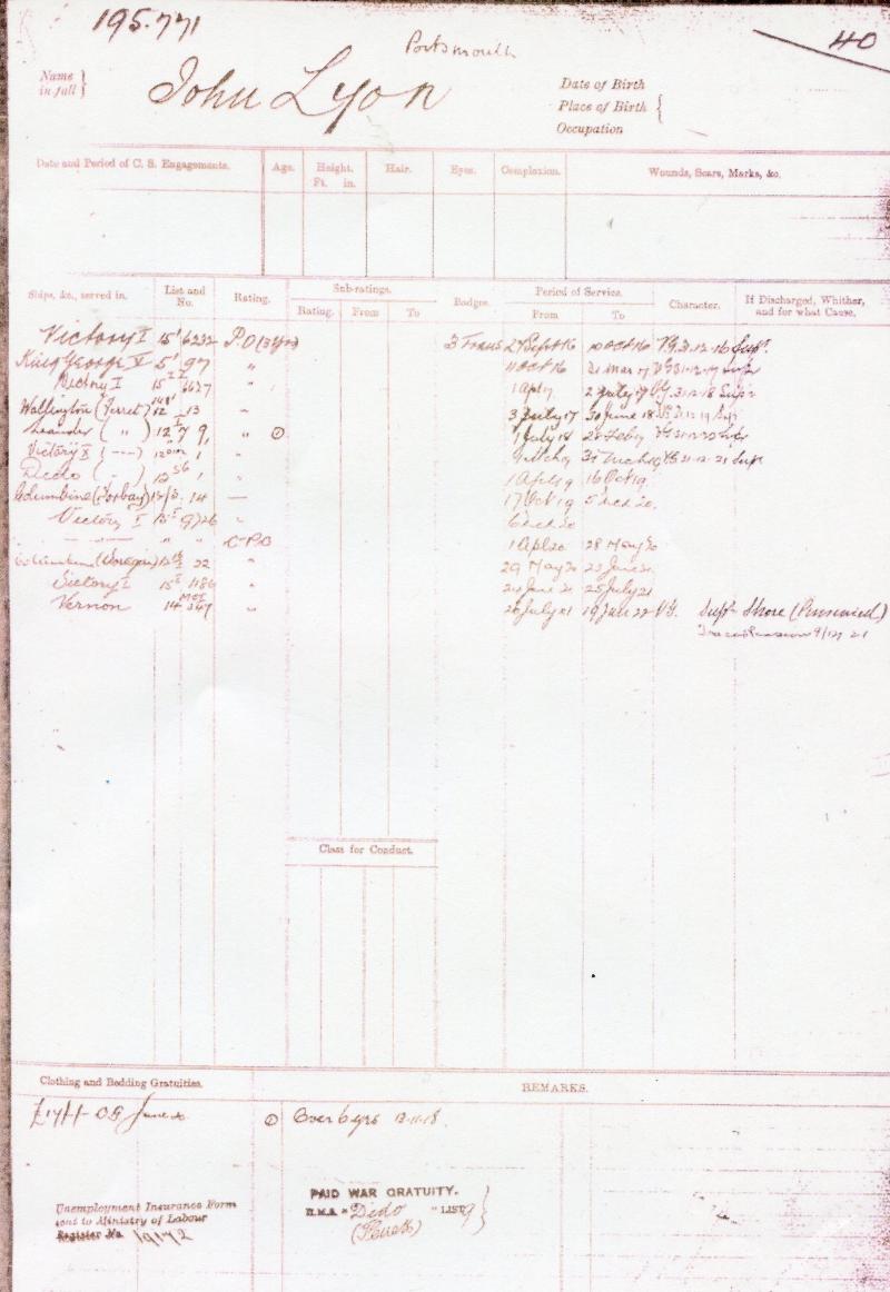 WW1 Trio & Navy Long Service Medal Group To Petty Officer John Lyon, Royal Navy HMS Vernon