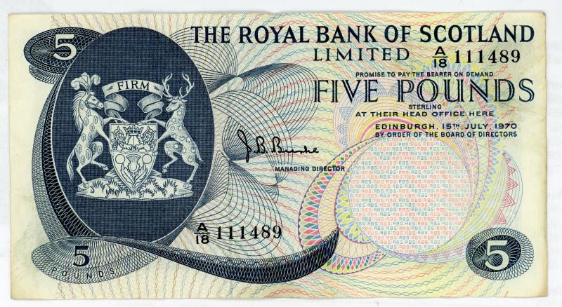 Royal Bank of Scotland  £5 Five Pounds Note Dated 15th July 1970