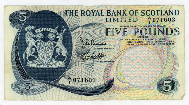 Royal Bank of Scotland  £5 Five Pounds Note Dated 19th March 1969