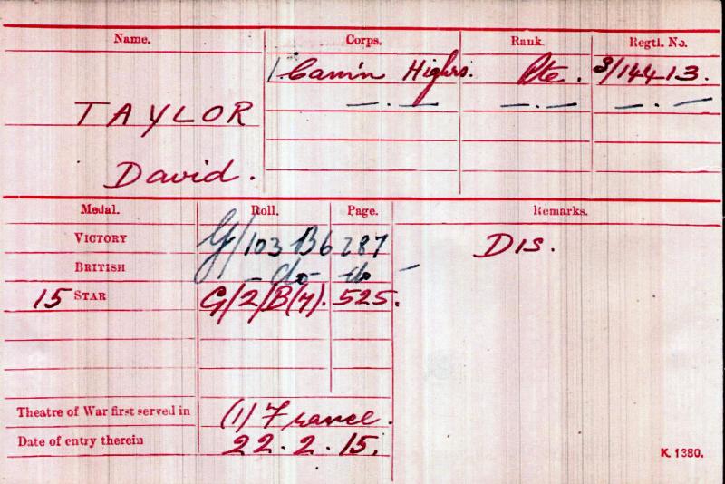 WW1 British War & Victory Medals Pair & Territorial Medal To Cpl David Taylor, Cameron Highlanders & 6th Bn Cameronians