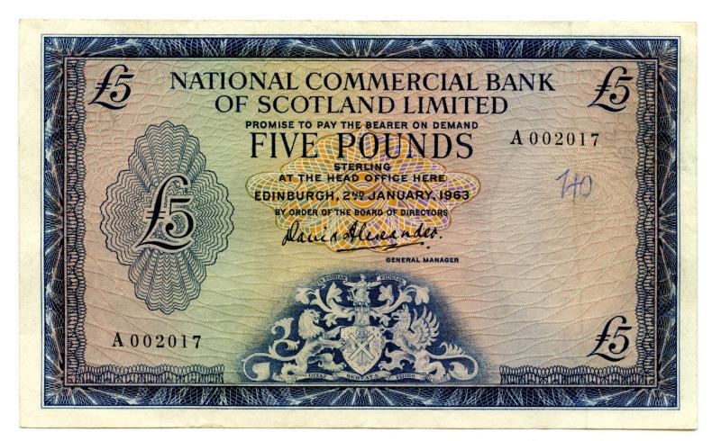 National Commercial Bank of Scotland £5 Five Pounds Banknote Dated 2nd January 1963