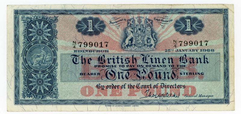 British Linen Bank £1  One Pound Banknote Dated 25th January 1966